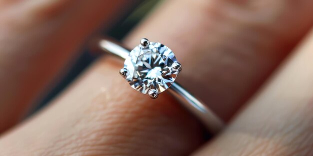 Photo a closeup of an engagement ring on a finger showcasing its sparkling diamond