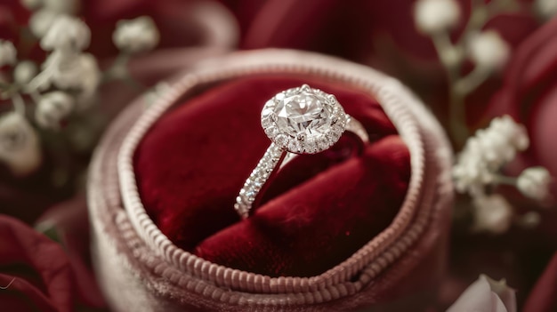 婚約指輪のクローズアップは,大きなプロポーズのために準備されているベルベットの指輪の箱に収まっています