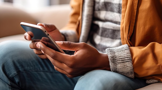 Closeup of an entrepreneur39s hands checking messages on his cell phone while sitting on a couch