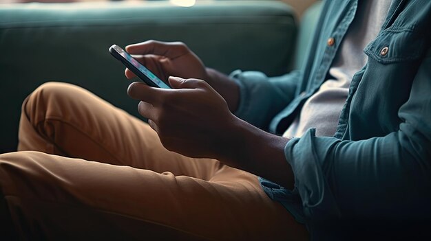 Closeup of an entrepreneur39s hands checking messages on his cell phone while sitting on a couch