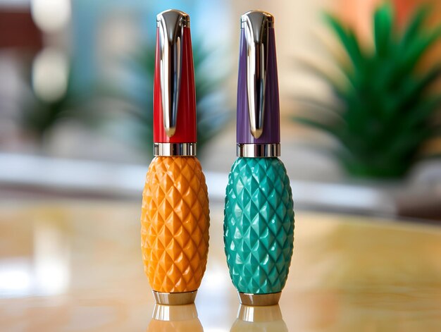 Близкий обзор с помощью стиральной ручки трех различных цветных ручек рядом с миниатюрами ананасов