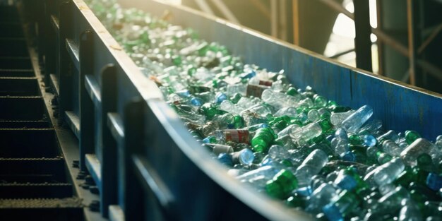 Foto close-up della scala mobile con una pila di bottiglie di plastica nella fabbrica per la lavorazione e il riciclaggio