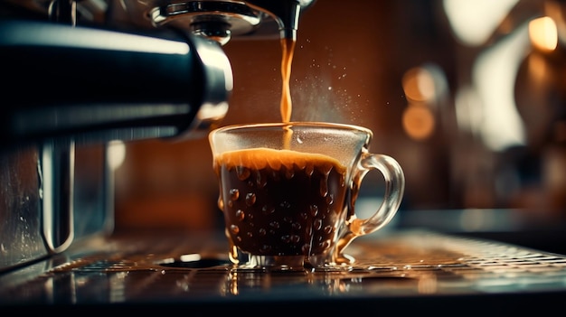 Closeup of espresso pouring from coffee machine Generative AI