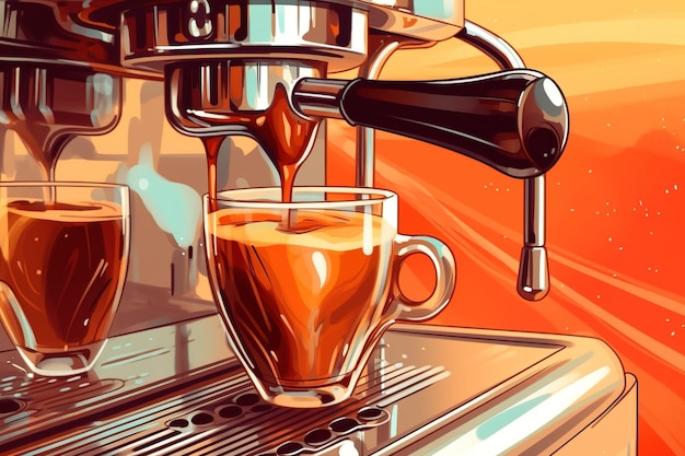 Closeup of espresso pouring from coffee machine illustration Ai generative