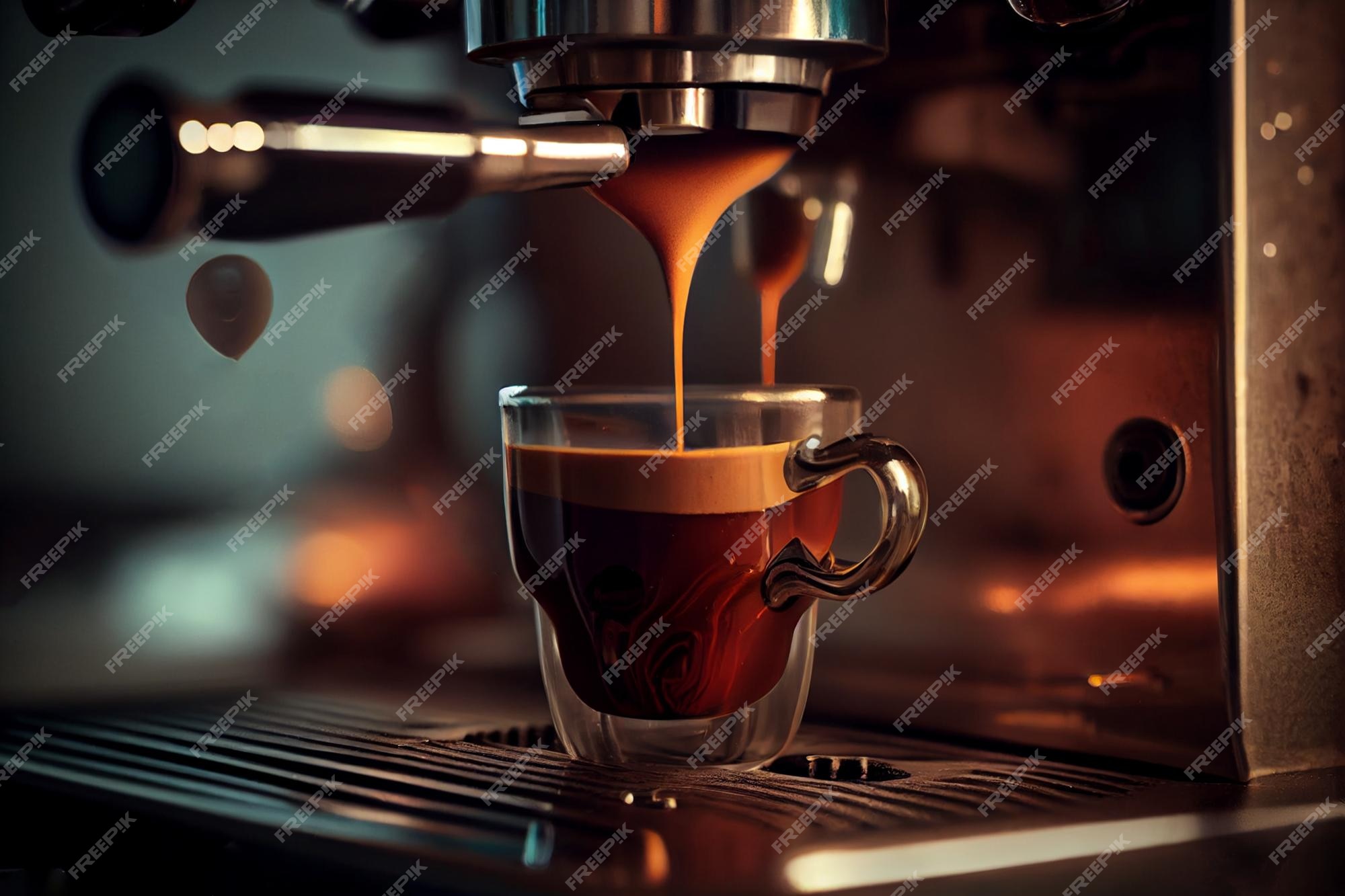 Espresso Machine Pouring Coffee Cups Blurred Background Closeup