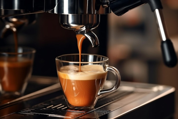 Крупным планом эспрессо наливается из кофемашины Профессиональное приготовление кофе AI