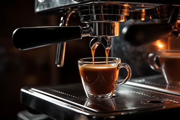 Closeup of espresso pouring from coffee machine Professional coffee brewing Generative AI