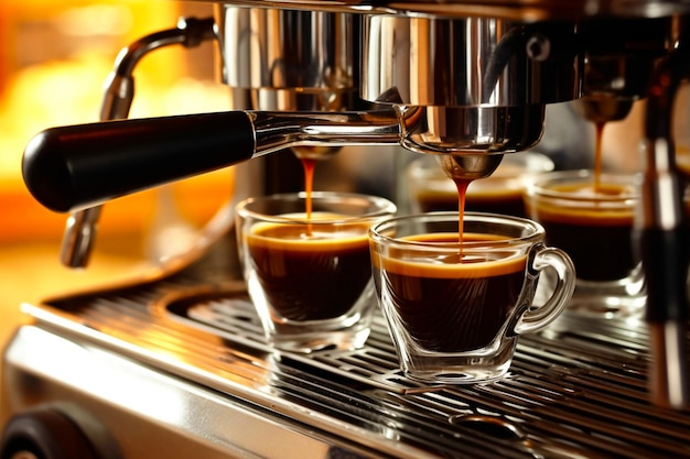 Closeup of espresso pouring from a professional coffee machine