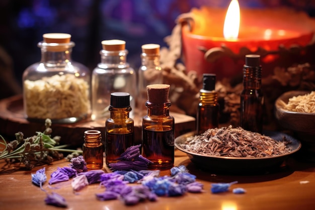 Closeup of essential oils and incense for relaxation