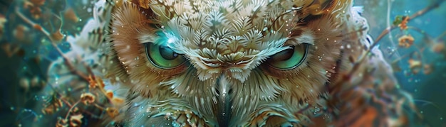 A closeup of an ethereal owl in meditation its eyes reflecting a fantasy world