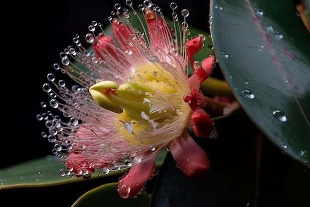 Closeup of eucalyptus flower with dew drops on petals