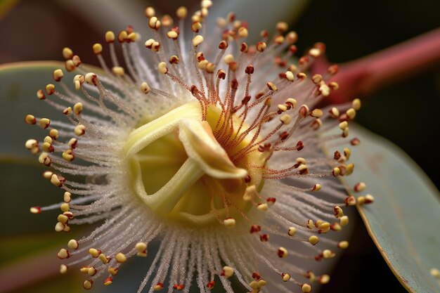 Foto primo piano del fiore di eucalipto con intricati dettagli visibili