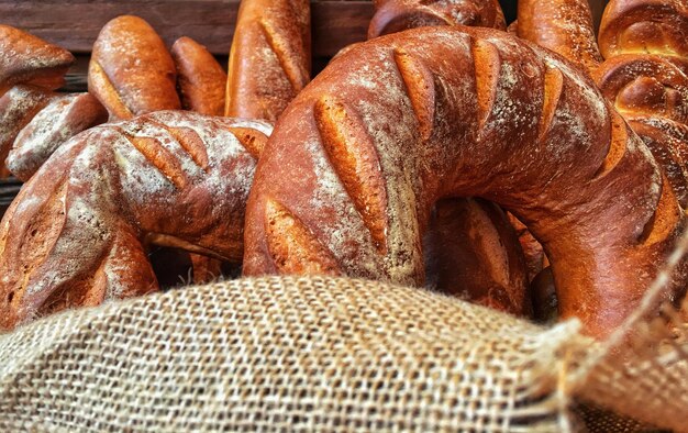 A closeup of a European bun in a bakery