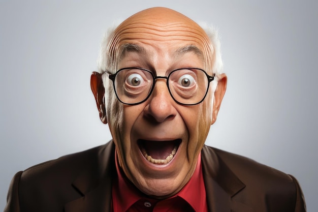 Photo closeup european grandfather with glasses very surprised and open mouth