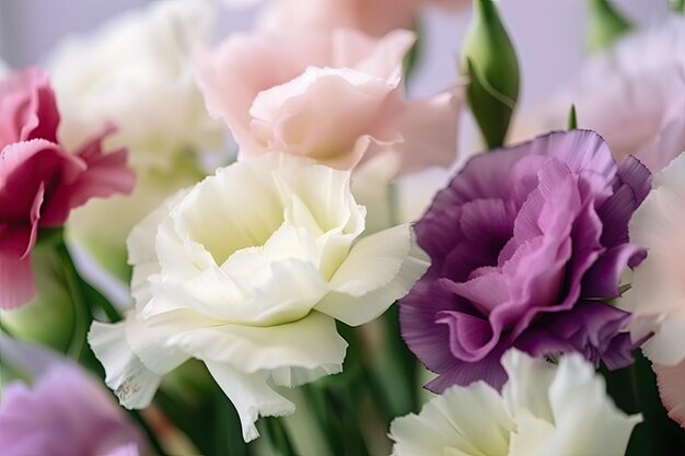 繊細な花びらと鮮やかな色が全景に広がるトルコギキョウの花のクローズアップ