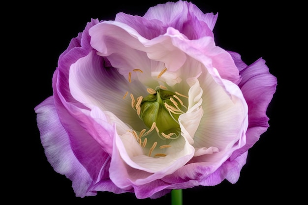 Photo closeup of eustoma bloom with stamens and pistils in full view