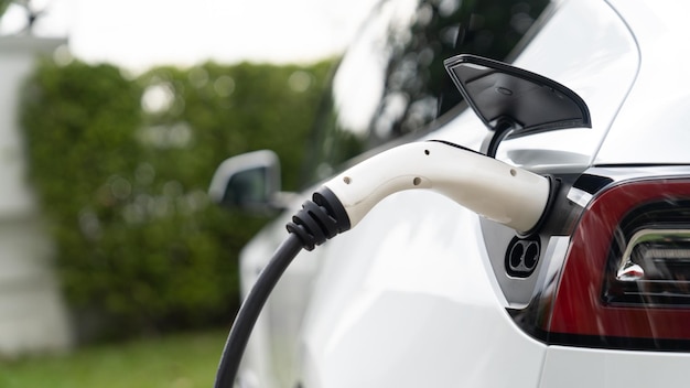 Closeup EV charger plug handle attached to electric vehicle port Synchronos