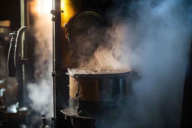 Closeup of evaporator with steam rising and tree sap boiling created with generative ai