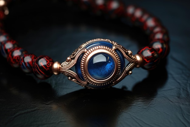 A closeup of an evil eye bead on a bracelet