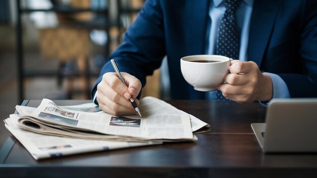 Photo closeup of executive with a coffee and a newspaper