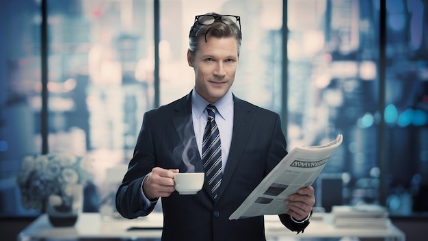 Photo closeup of executive with a coffee and a newspaper