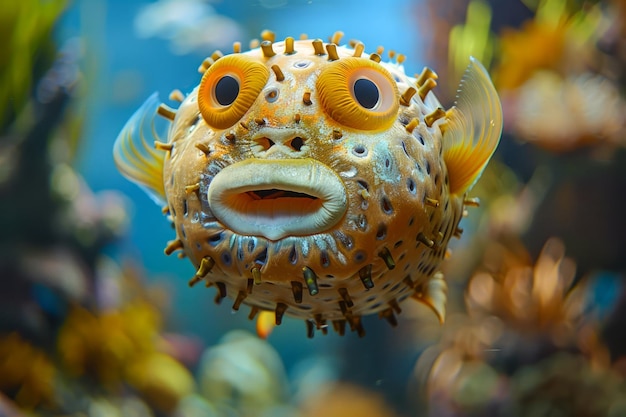 Photo closeup of exotic pufferfish with spiky skin swimming in vibrant tropical aquarium habitat