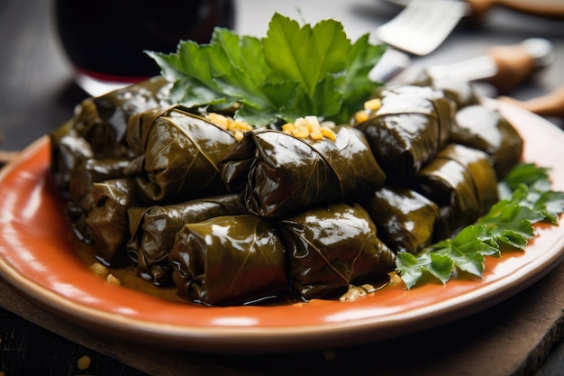 CloseUp of Exotic Stuffed Grape Leaves with a Tomato Sauce