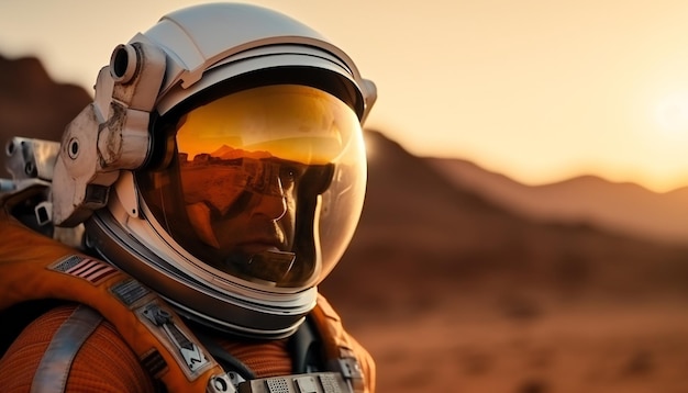 火星を探索する経験豊富な宇宙飛行士のクローズアップ
