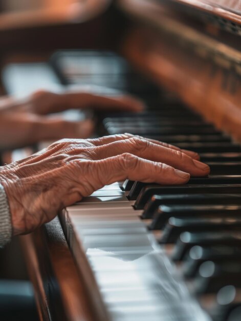 A closeup of an experienced hand gracefully playing the piano with soft lighting enhancing the warm ambience of the musicfilled room The bokeh effect in the background adds to intimate concert