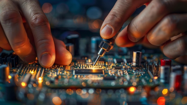 closeup of expert hands precision soldering on an electronic circuit board