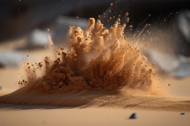 Closeup of the explosive sand with flying particles and debris