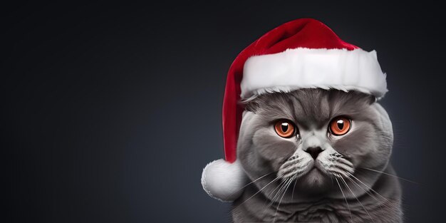 Foto close-up di un gatto espressivo che indossa un cappello di babbo natale su uno sfondo grigio con spazio di copia