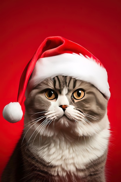 Closeup of an expressive cat wearing a Santa Claus hat on a red background