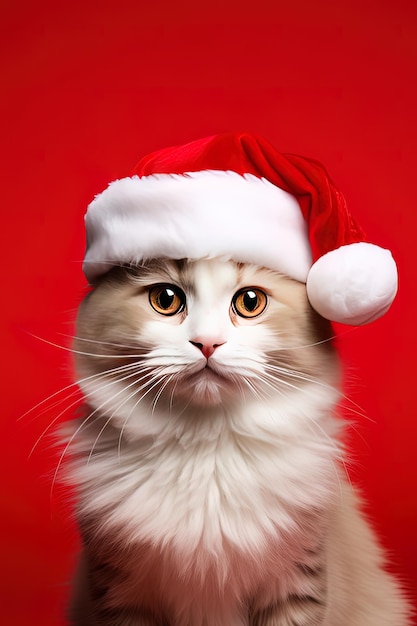 Closeup of an expressive cat wearing a Santa Claus hat on a red background