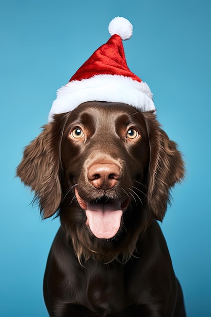 Closeup of an expressive dog wearing a Santa Claus hat on a blue background