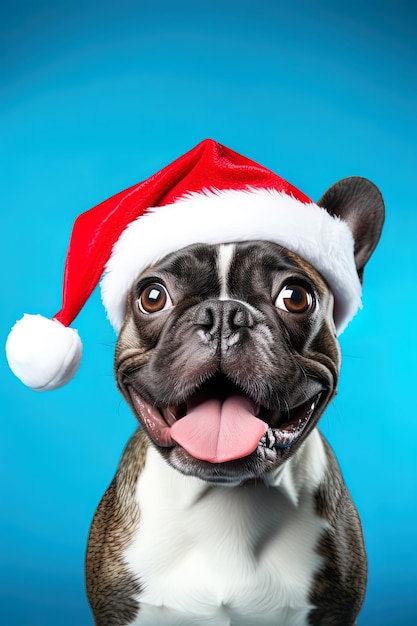 Closeup of an expressive dog wearing a santa claus hat on a blue background