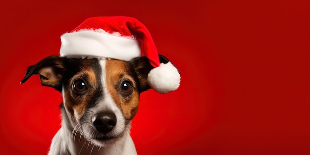 Closeup of an expressive dog wearing a Santa Claus hat on a red background with copy space