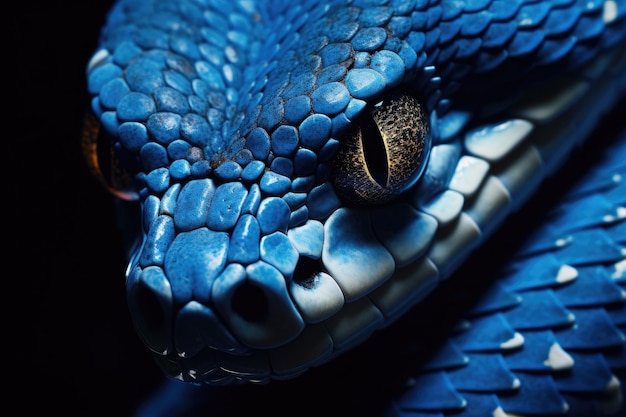 Photo closeup of the eye of a blue snake on a black background blue viper snake closeup face ai generated