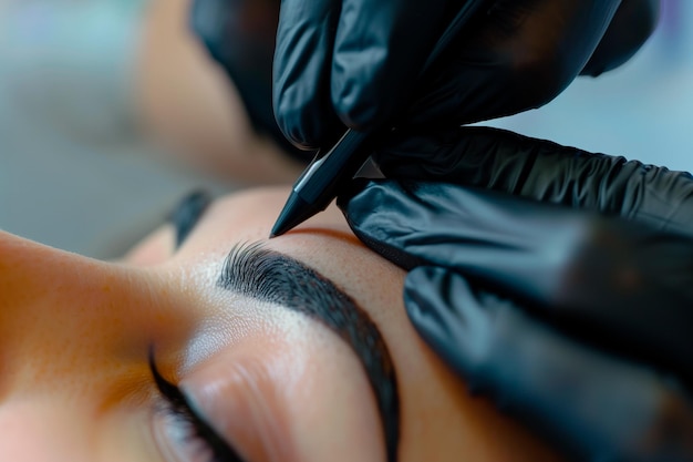 Photo closeup of eyeliner microblading process in a beauty center