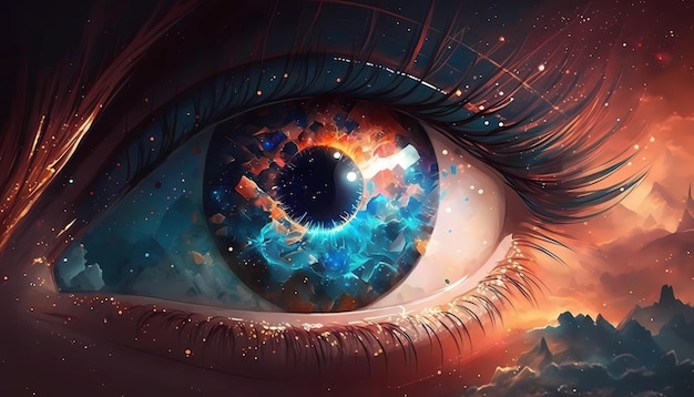 Крупный план глаз, наполненных галактиками и звездами, цифровая художественная иллюстрация