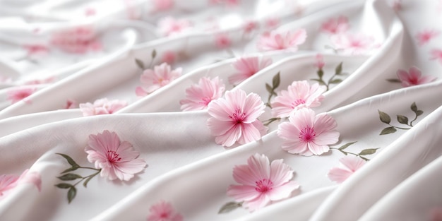 A closeup of a fabric with pink flowers and green leaves creating a floral pattern on the surface