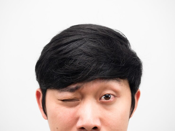Photo アジア人男性のクローズアップの顔は、片目の肖像画を閉じる