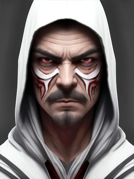 closeup face background of man in white hoodie red eyes mustache and goatee and face paint