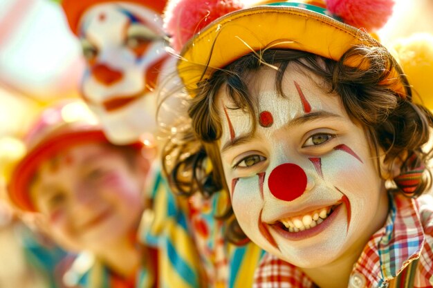 Клоуз-ап лица мальчика с клоунским макияжем в солнечный день на заднем плане в размытых детях и