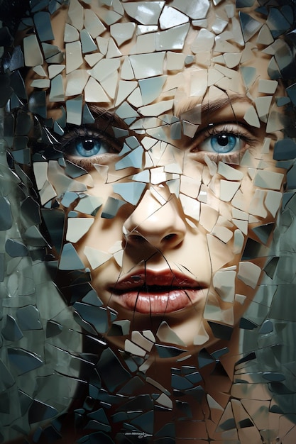 Photo closeup face fragmented into many pieces