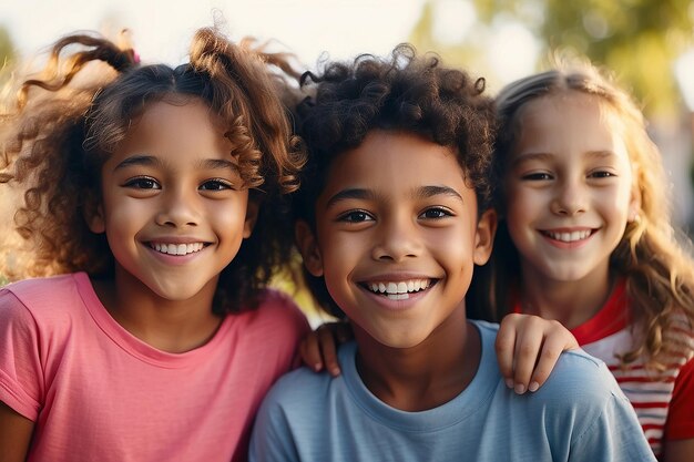 Photo closeup face of happy multiethnic children embracing each other and smiling at camera