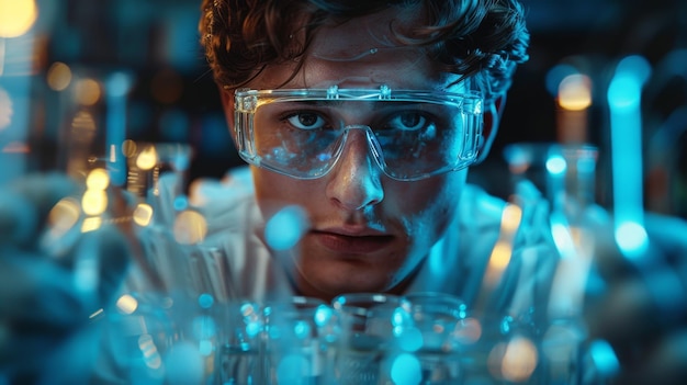 Близкий взгляд на лицо человека-учёного или студента-химика или физика в его лабораторной инновационной и технологической концепции