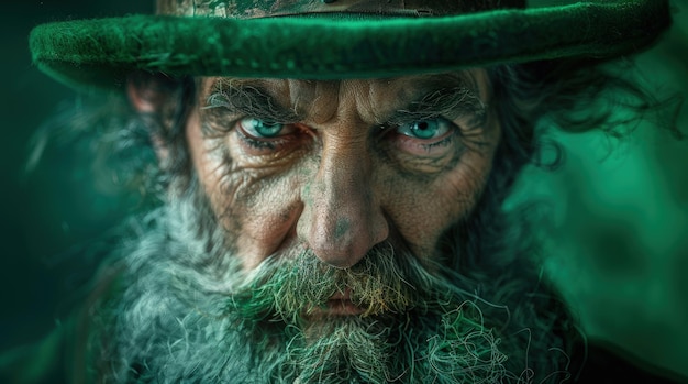 Photo closeup of the face of an old irish leprechaun