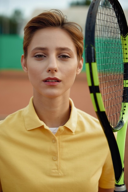 Closeup face portrait of young teenage woman tennis player