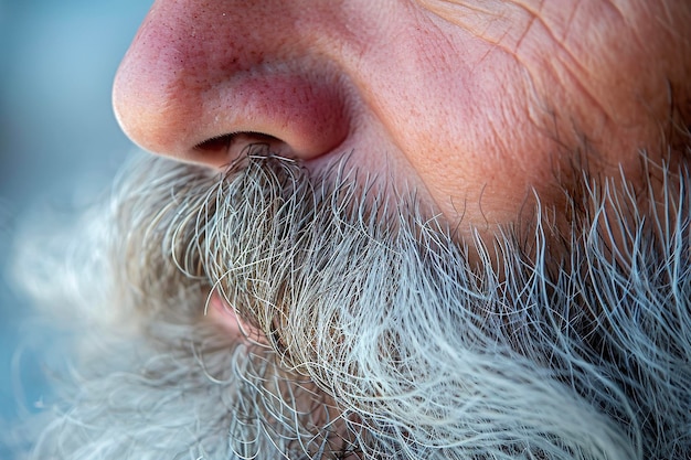 A closeup of face with gray hair and a beard